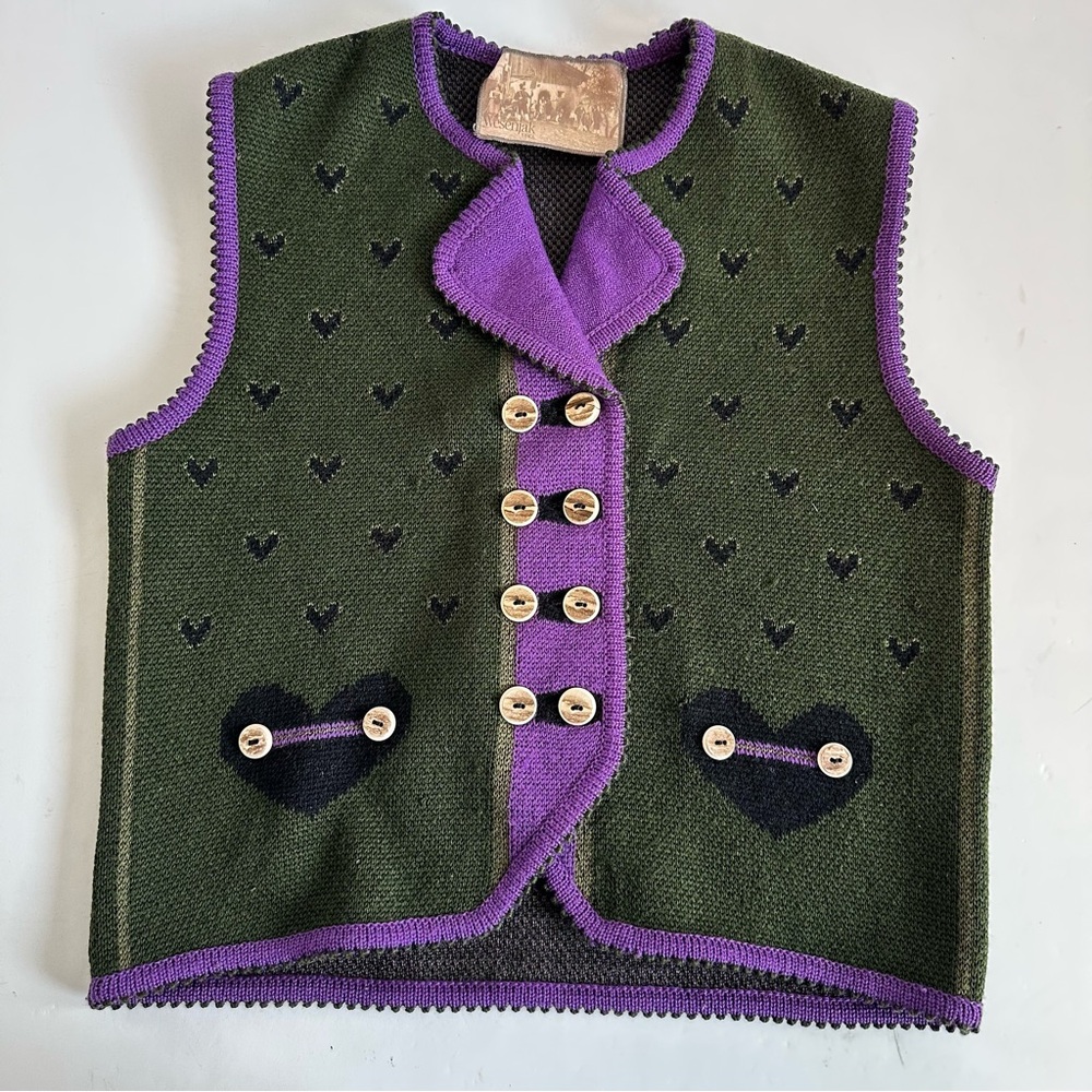 Vintage Wesenjak Tirol Wool‎ Green Sweater Vest Sz 8 Medium Purple Heart Detail